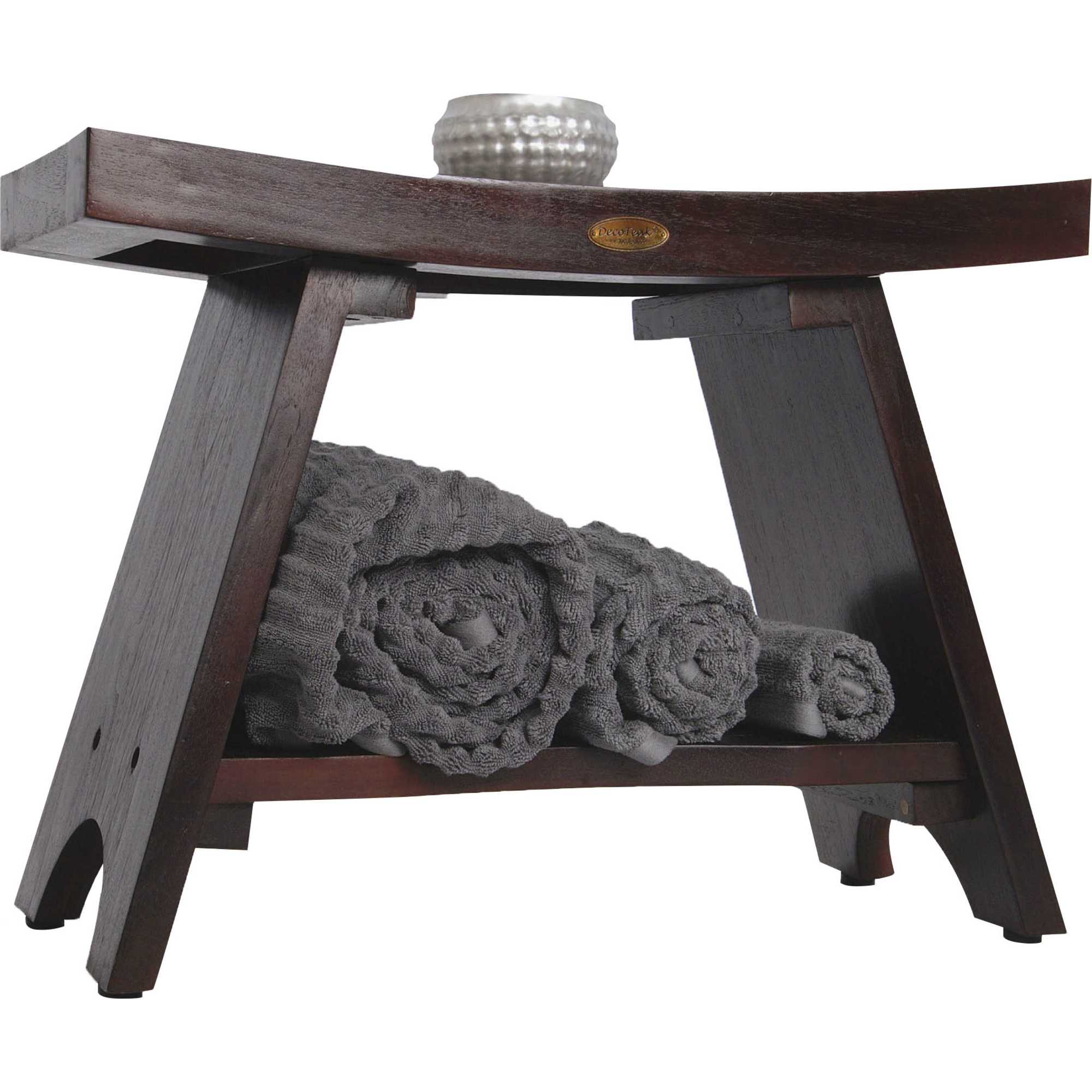 Teak Rectangular Shower Bench With Shelf In Brown Finish-Shower Benches-DECOROLALA