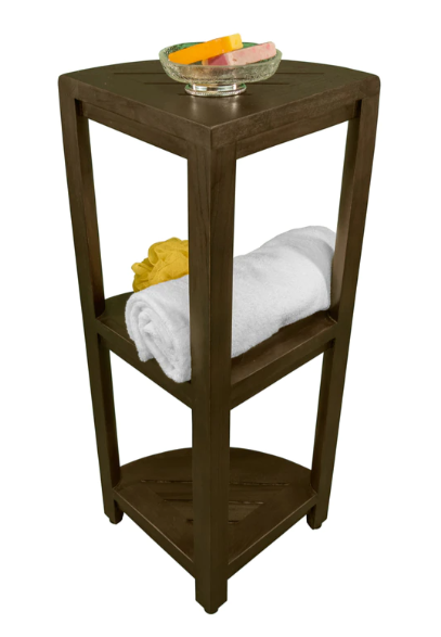 Teak Three Tier Corner Corner Shower Shelf In Brown Finish-Shower Benches-DECOROLALA