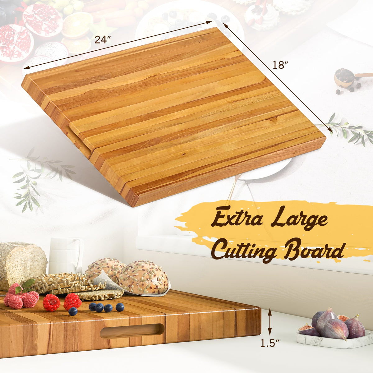 Teak Wood Cutting Board Extra Large 24 Inch Reversible Cutting Board with Handle-Kitchen Tools-DECOROLALA
