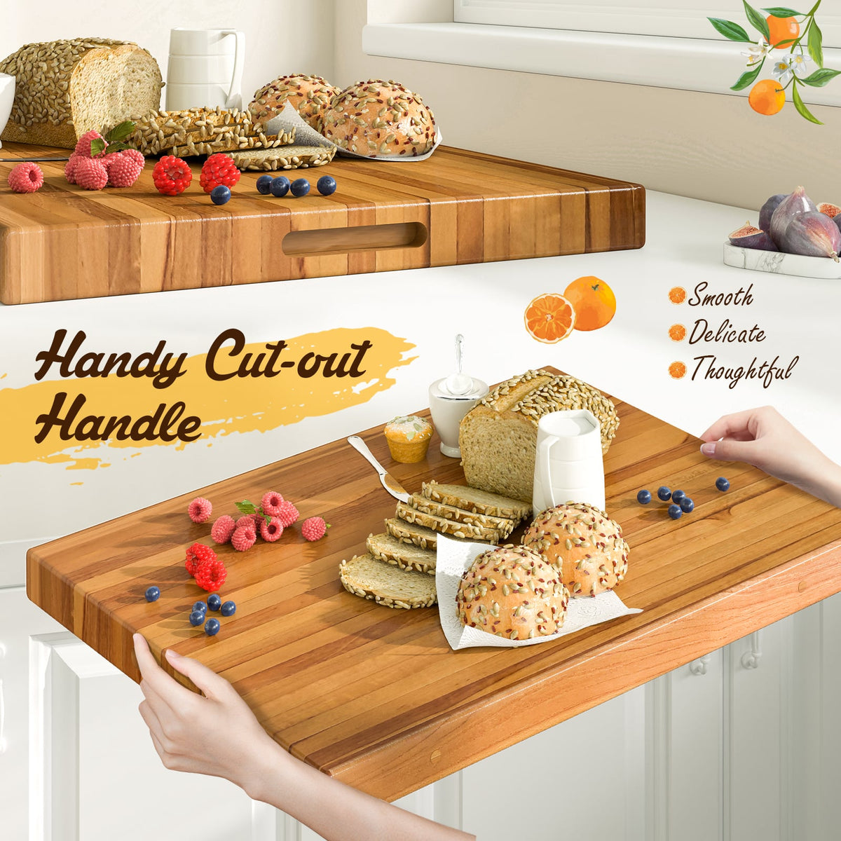 Teak Wood Cutting Board Extra Large 24 Inch Reversible Cutting Board with Handle-Kitchen Tools-DECOROLALA