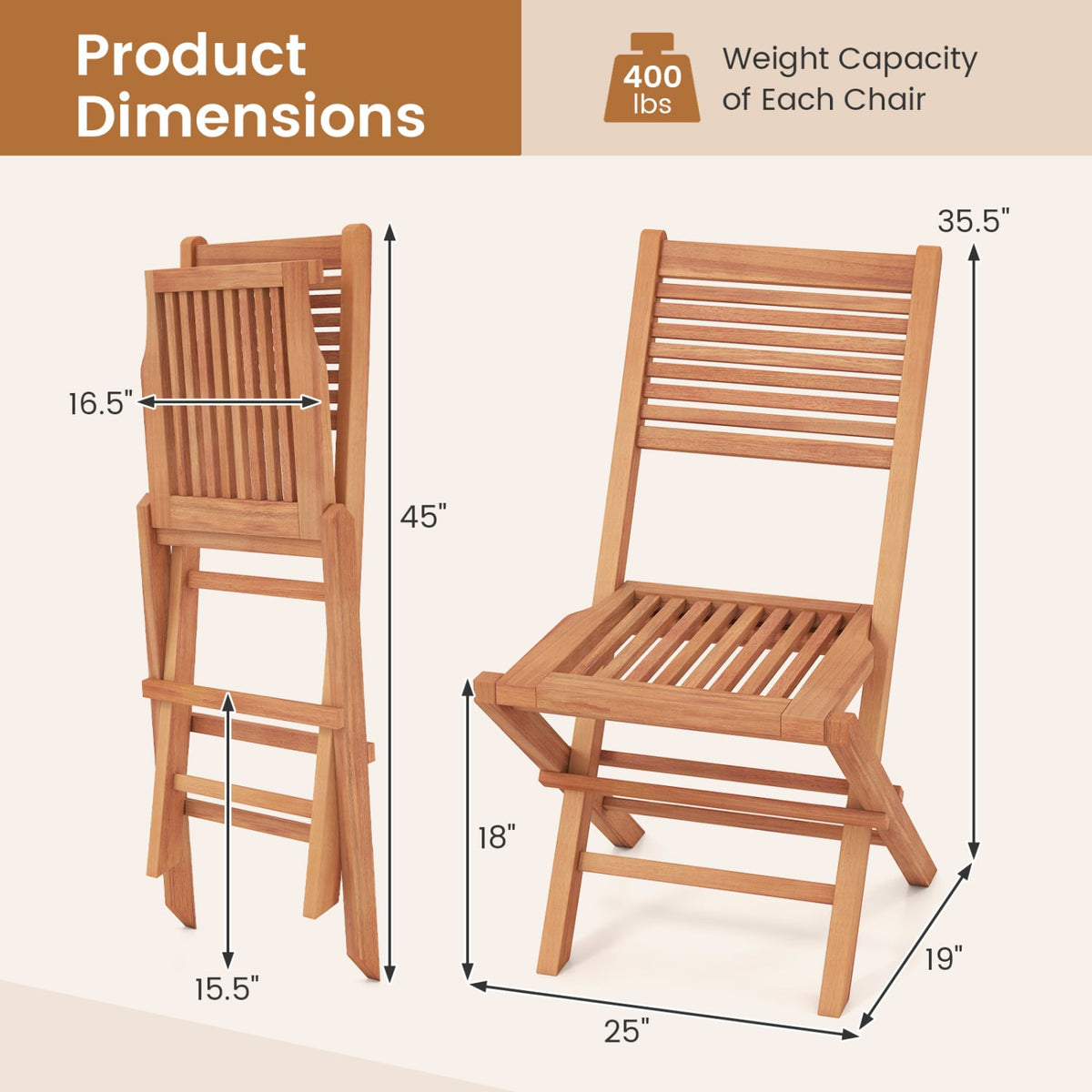 Teak Wood Folding Patio Chairs Set of 2 with Slatted Seat & Portable Design for Deck-Patio Dining Chairs-DECOROLALA