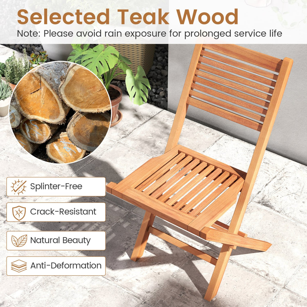Teak Wood Folding Patio Chairs Set of 2 with Slatted Seat & Portable Design for Deck-Patio Dining Chairs-DECOROLALA