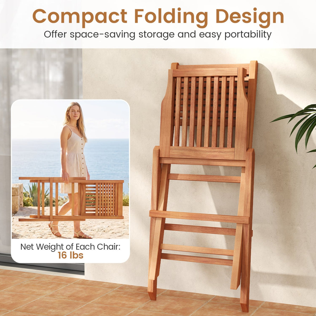 Teak Wood Folding Patio Chairs Set of 2 with Slatted Seat & Portable Design for Deck-Patio Dining Chairs-DECOROLALA