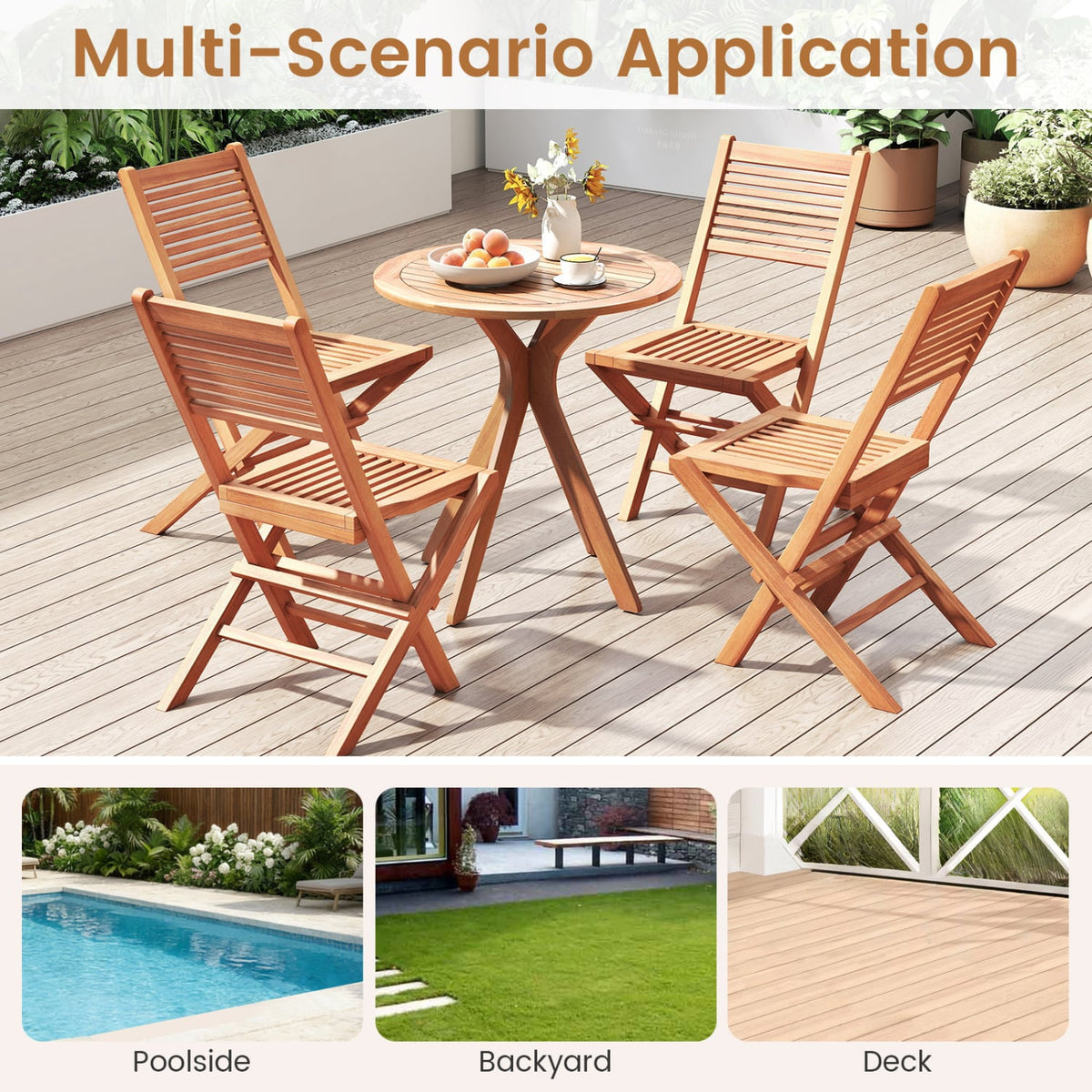Teak Wood Folding Patio Chairs Set of 2 with Slatted Seat & Portable Design for Deck-Patio Dining Chairs-DECOROLALA
