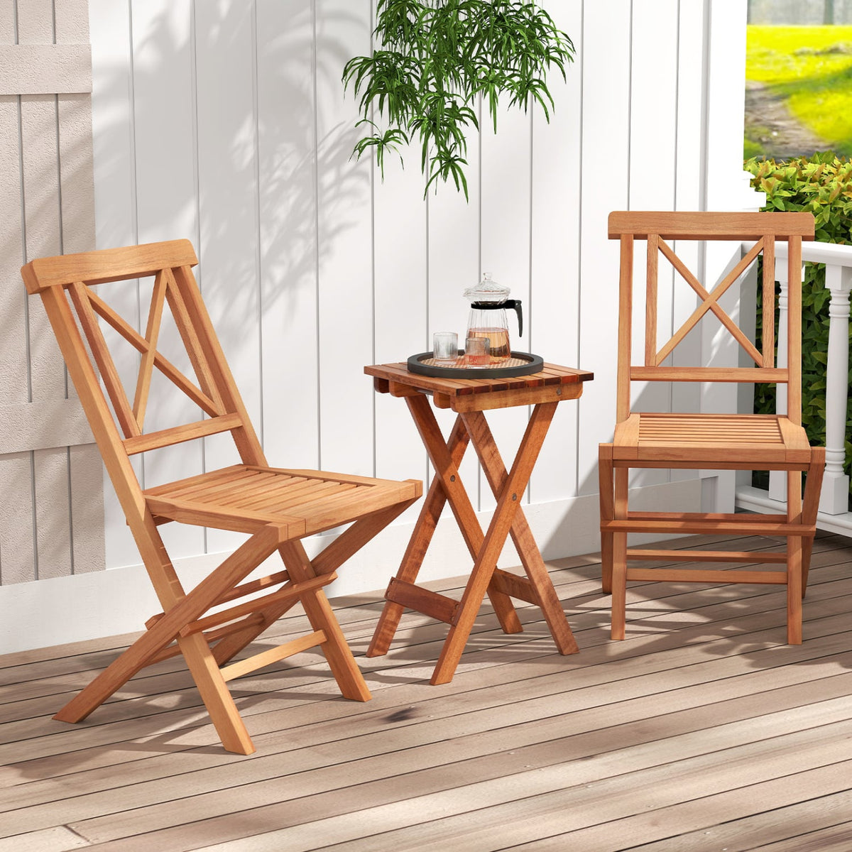 Teak Wood Folding Patio Chairs Set of 2 with Sturdy Frame & Comfort Back for Garden-Patio Dining Chairs-DECOROLALA