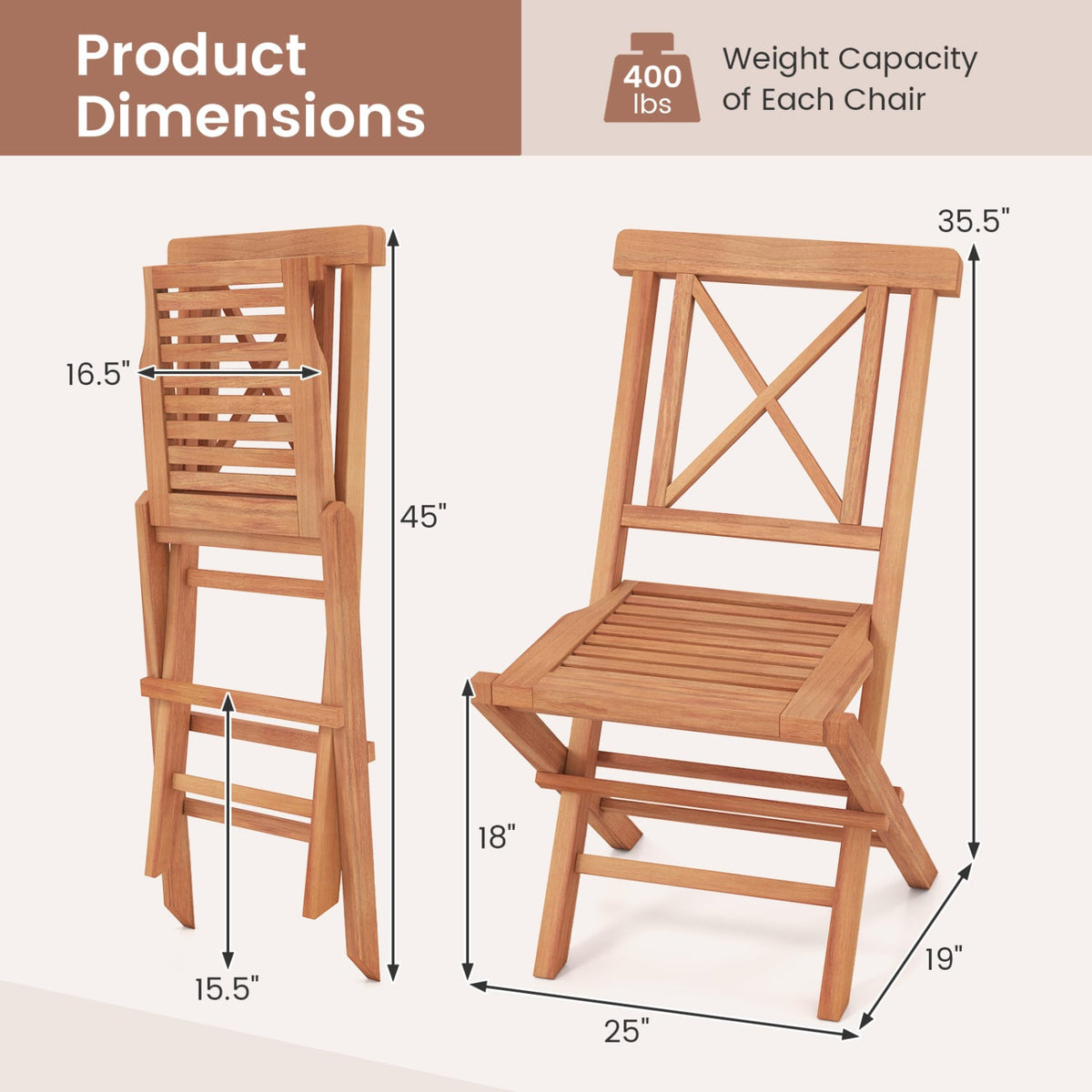 Teak Wood Folding Patio Chairs Set of 2 with Sturdy Frame & Comfort Back for Garden-Patio Dining Chairs-DECOROLALA