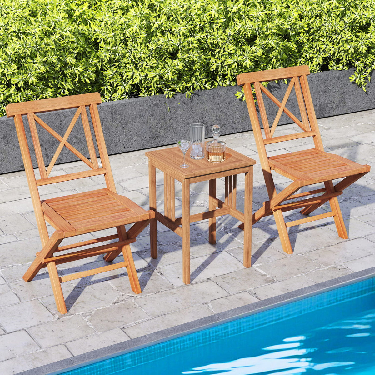 Teak Wood Folding Patio Chairs Set of 2 with Sturdy Frame & Comfort Back for Garden-Patio Dining Chairs-DECOROLALA