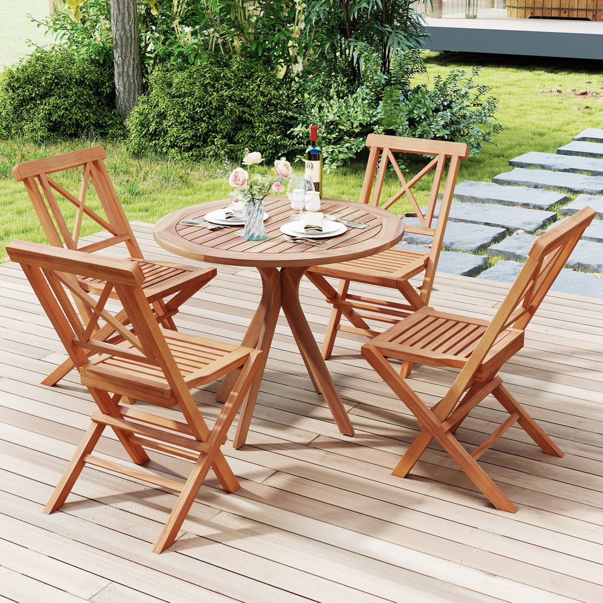 Teak Wood Folding Patio Chairs Set of 2 with Sturdy Frame & Comfort Back for Garden-Patio Dining Chairs-DECOROLALA