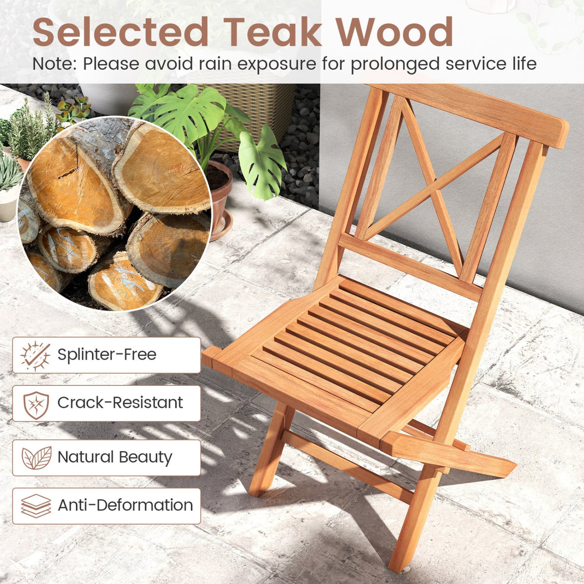 Teak Wood Folding Patio Chairs Set of 2 with Sturdy Frame & Comfort Back for Garden-Patio Dining Chairs-DECOROLALA