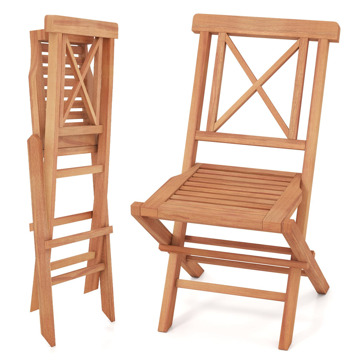 Teak Wood Folding Patio Chairs Set of 2 with Sturdy Frame & Comfort Back for Garden-Patio Dining Chairs-DECOROLALA