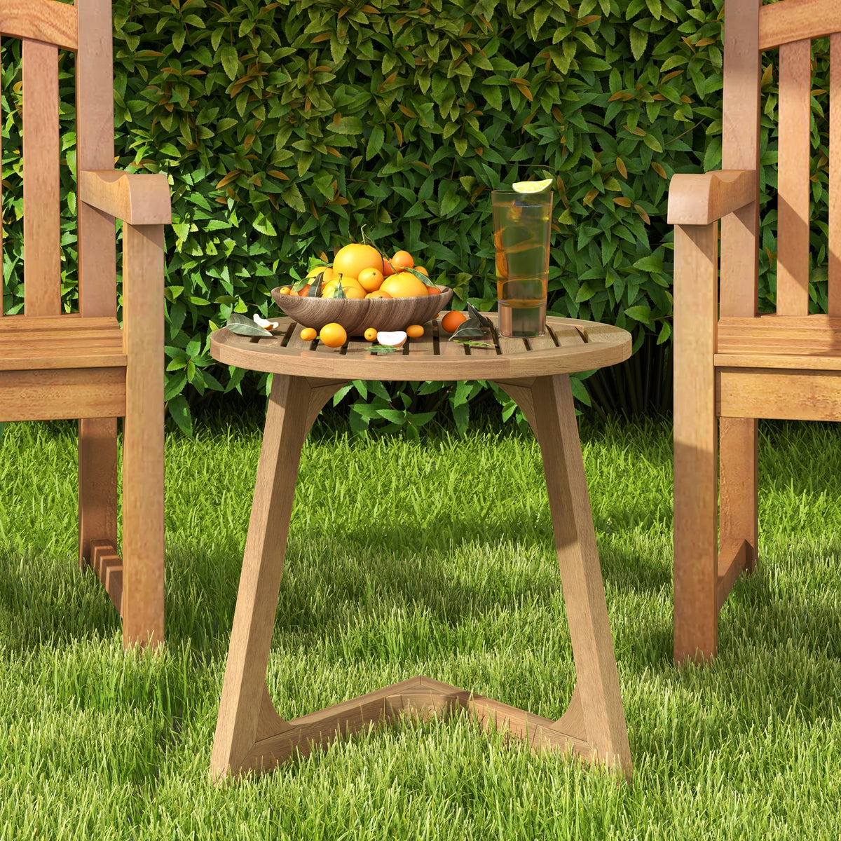 Teak Wood Side Table Round Sofa End Table with Slatted Tabletop-End & Side Tables-DECOROLALA