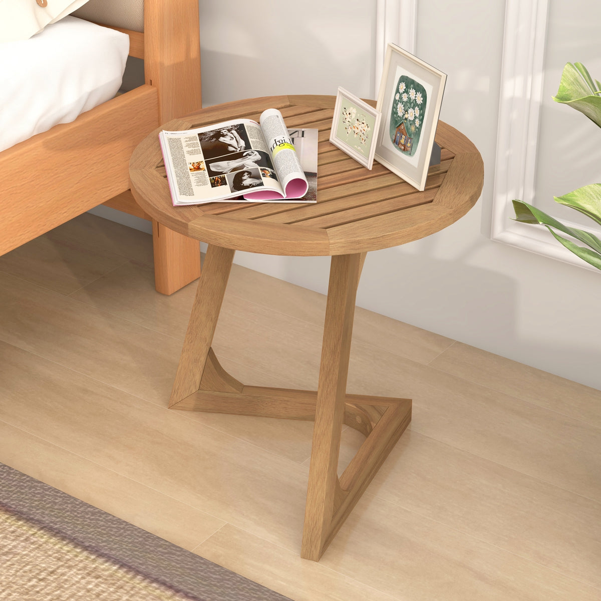 Teak Wood Side Table Round Sofa End Table with Slatted Tabletop-End & Side Tables-DECOROLALA