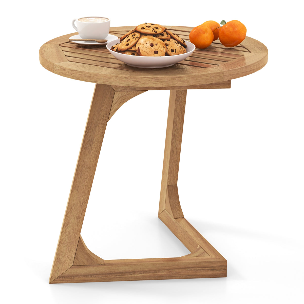 Teak Wood Side Table Round Sofa End Table with Slatted Tabletop-End & Side Tables-DECOROLALA
