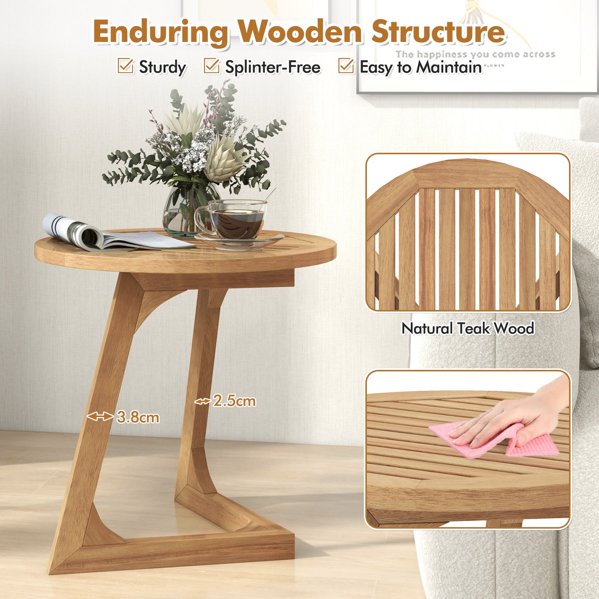 Teak Wood Side Table Round Sofa End Table with Slatted Tabletop-End & Side Tables-DECOROLALA