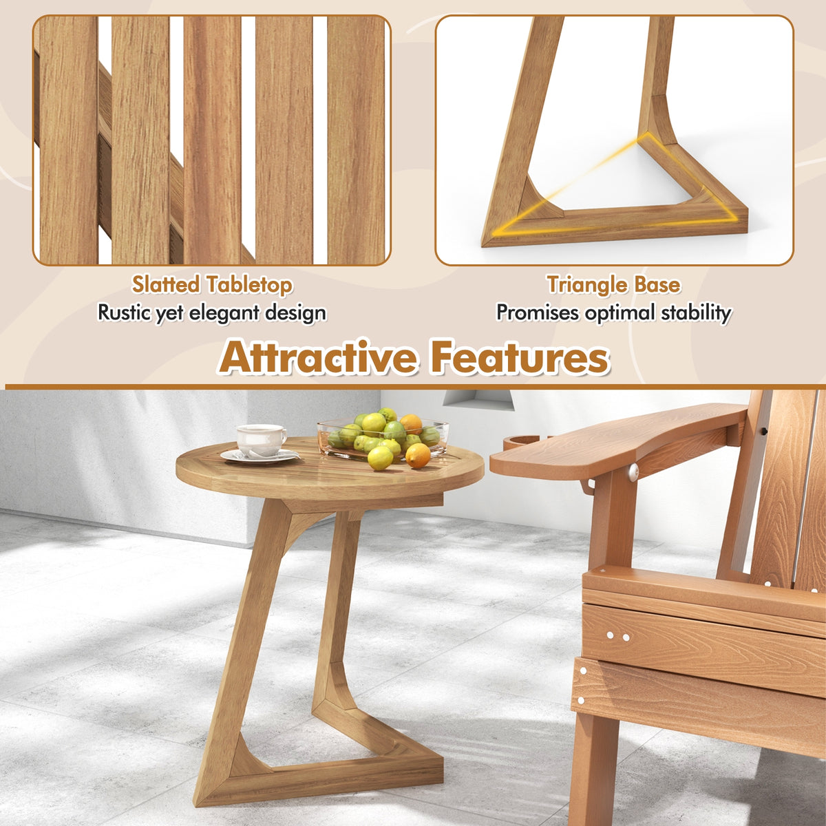 Teak Wood Side Table Round Sofa End Table with Slatted Tabletop-End & Side Tables-DECOROLALA