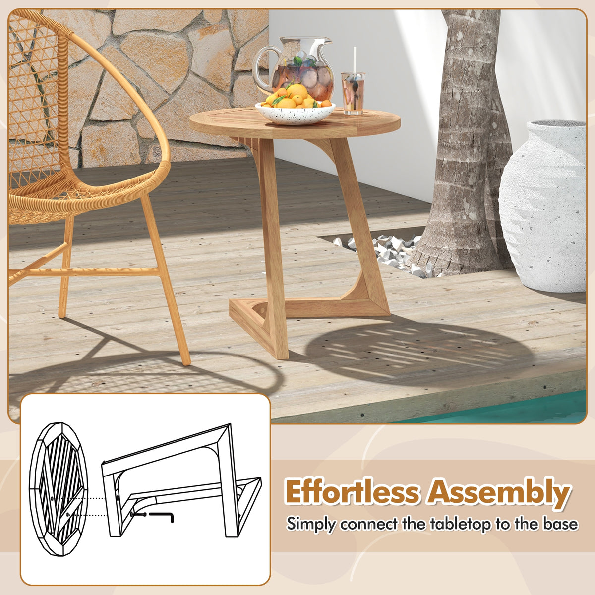 Teak Wood Side Table Round Sofa End Table with Slatted Tabletop-End & Side Tables-DECOROLALA