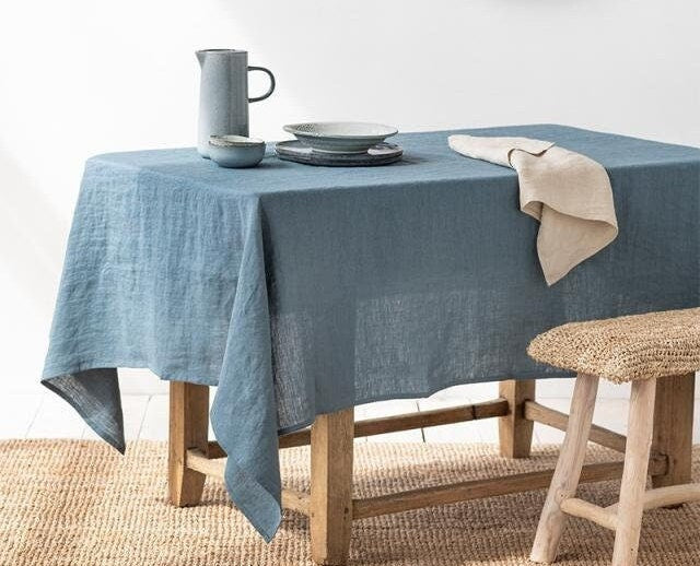 Teal Blue Tablecloth | Pure Linen | Linen Cotton Mix | Soft | Handmade | Customisable Sizes | Customisable Shapes-n/a-DECOROLALA