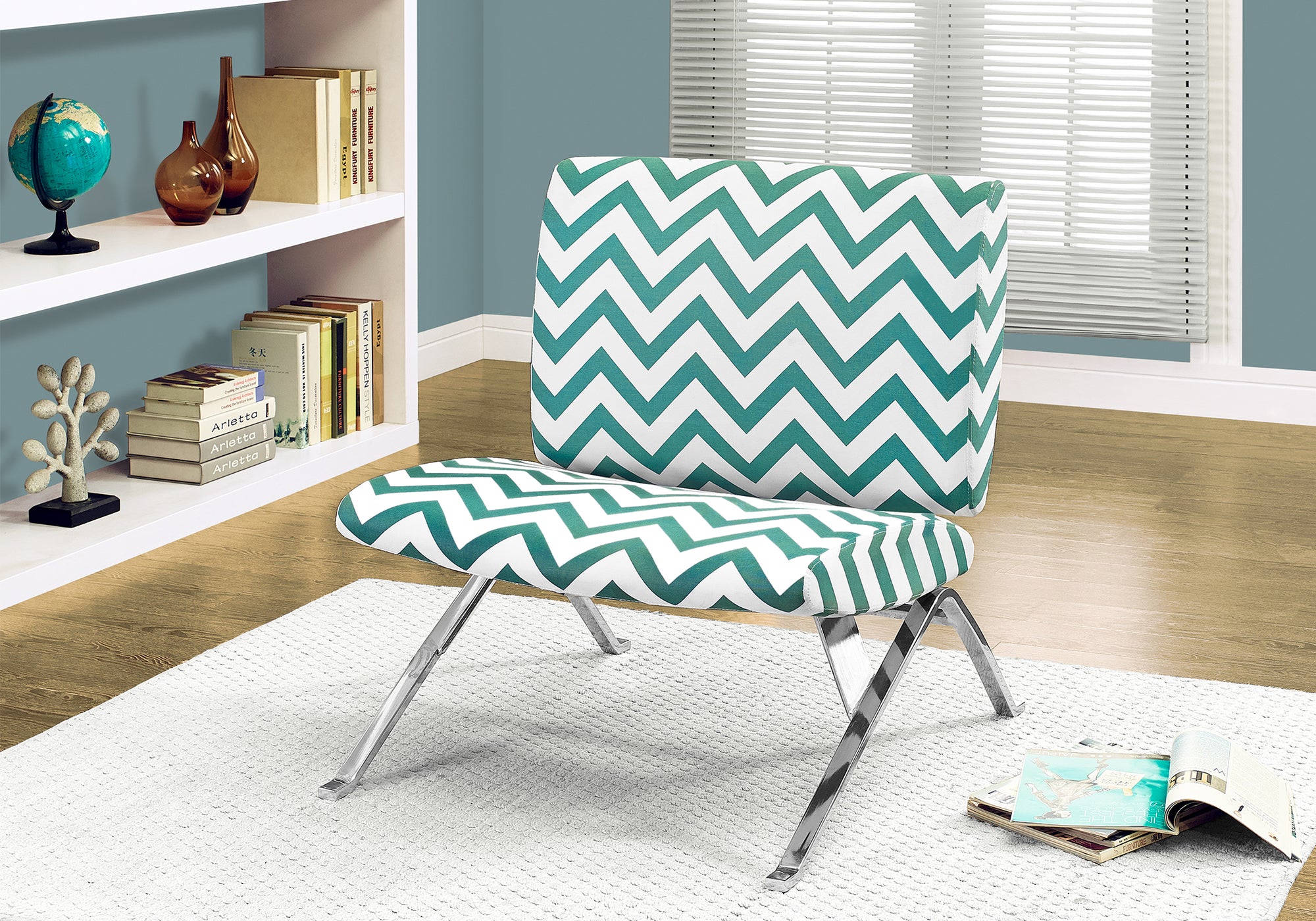 Teal Chevron Accent Chair with Chrome Metal Legs-Accent Table-DECOROLALA