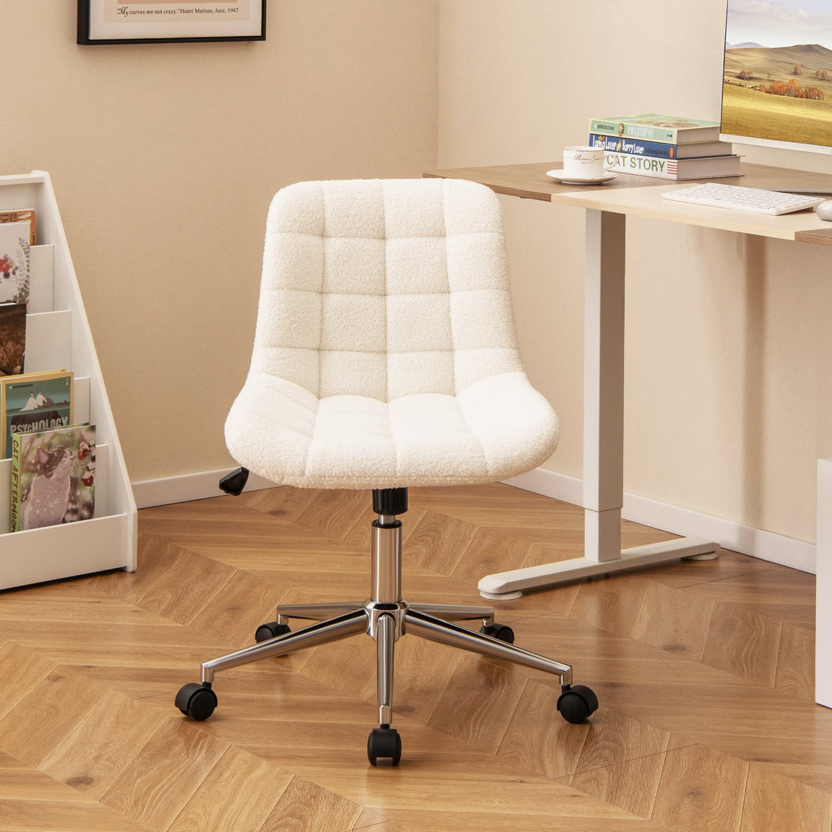 Teddy Fleece Armless Office Chair Makeup Vanity Chair-White-Armless Office Chairs-DECOROLALA