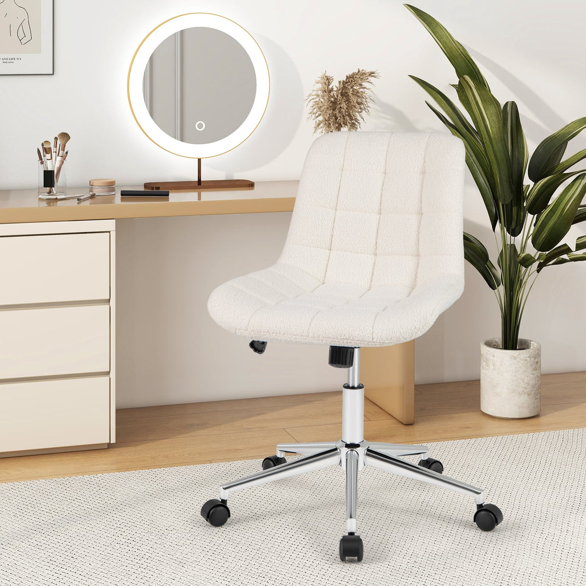 Teddy Fleece Armless Office Chair Makeup Vanity Chair-White-Armless Office Chairs-DECOROLALA