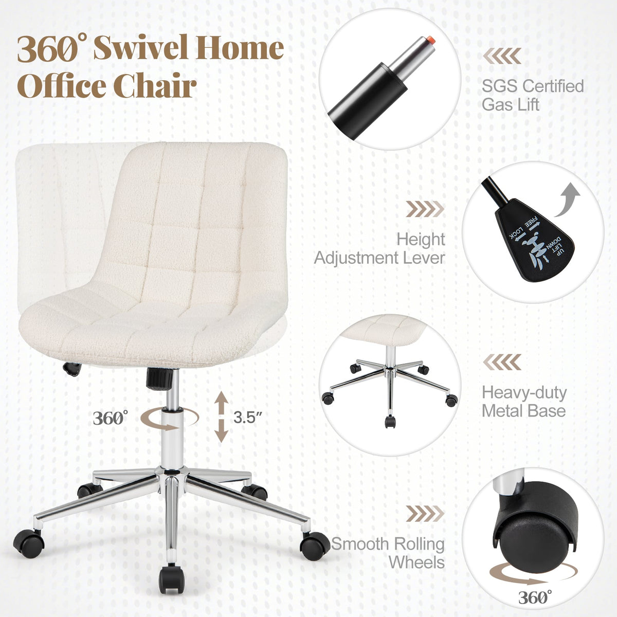 Teddy Fleece Armless Office Chair Makeup Vanity Chair-White-Armless Office Chairs-DECOROLALA