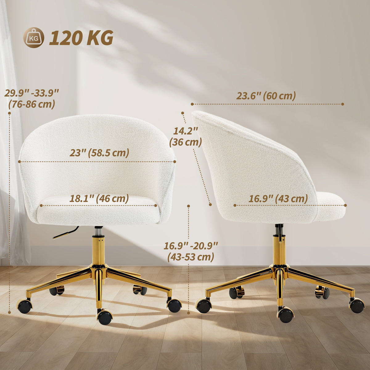 Teddy Fleece Office Chair - Cream White with Gold Base-Office Products > Office Furniture > Office Chairs > Task Chairs-DECOROLALA