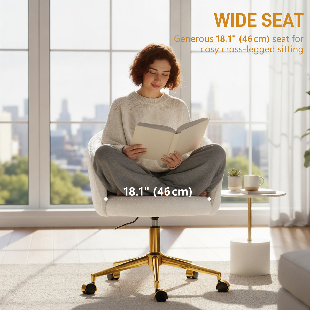 Teddy Fleece Office Chair - Cream White with Gold Base-Office Products > Office Furniture > Office Chairs > Task Chairs-DECOROLALA