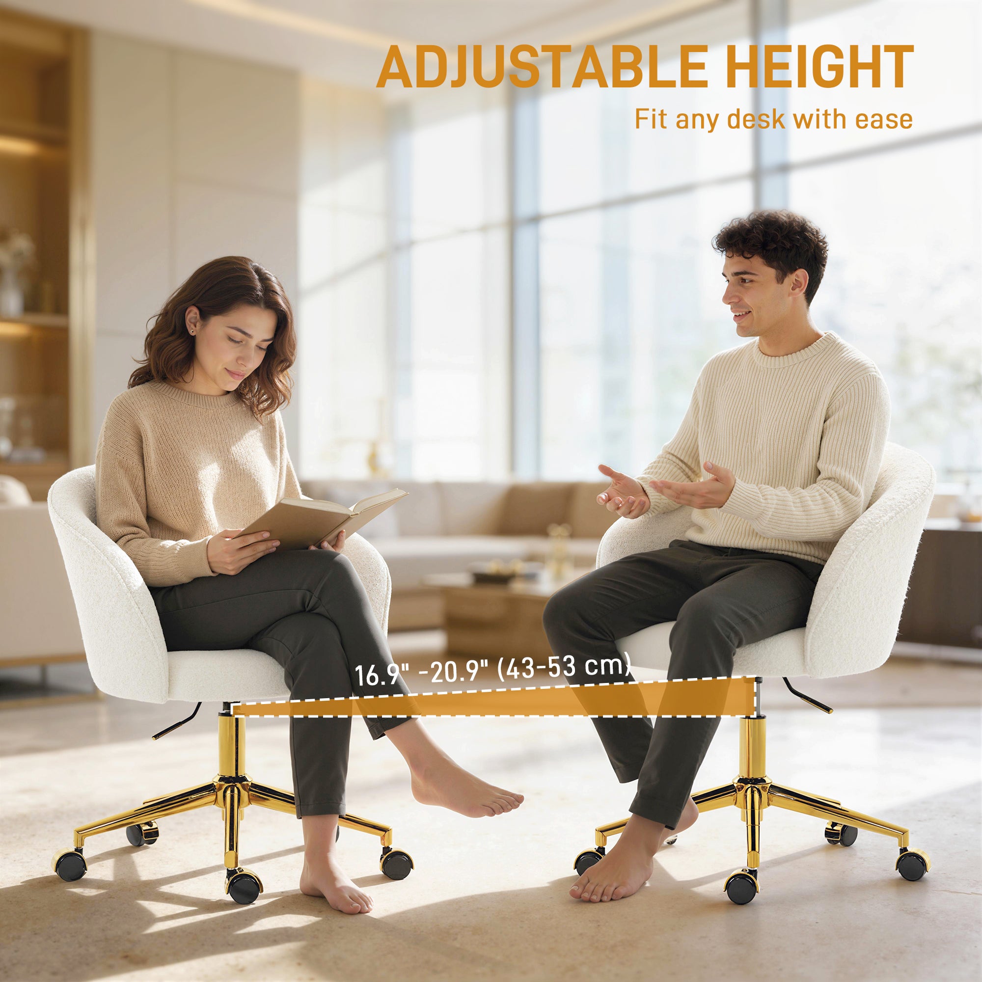 Teddy Fleece Office Chair - Cream White with Gold Base-Office Products > Office Furniture > Office Chairs > Task Chairs-DECOROLALA