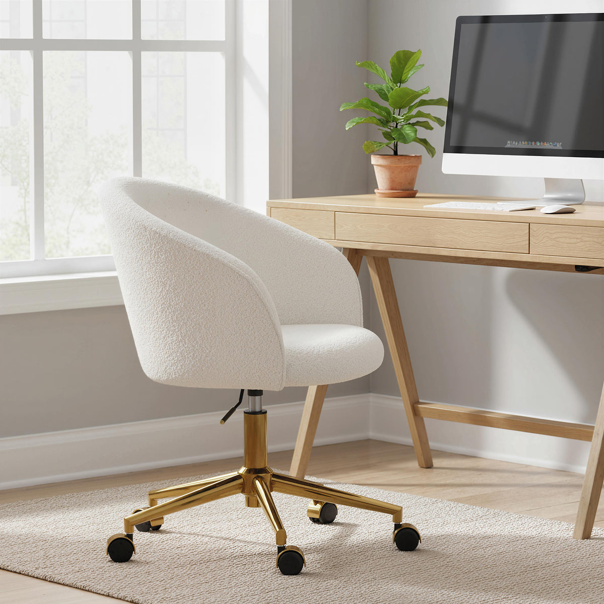 Teddy Fleece Office Chair - Cream White with Gold Base-Office Products > Office Furniture > Office Chairs > Task Chairs-DECOROLALA
