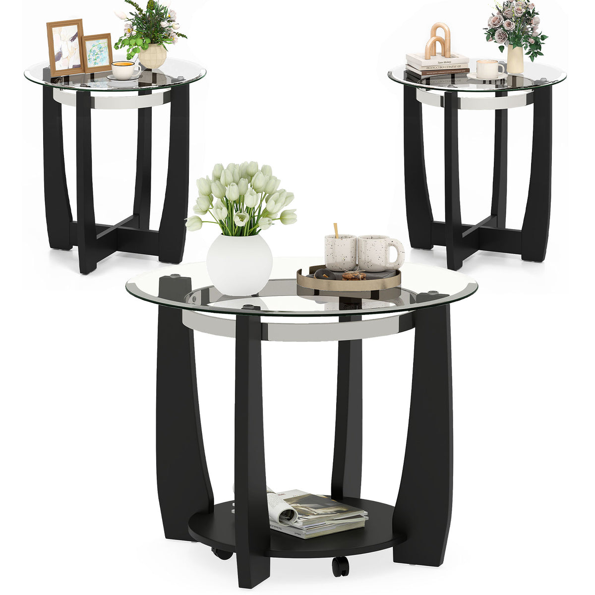 Tempered Glass Coffee Table Set of 3 for Living Room Bedroom-Black-Coffee Tables-DECOROLALA