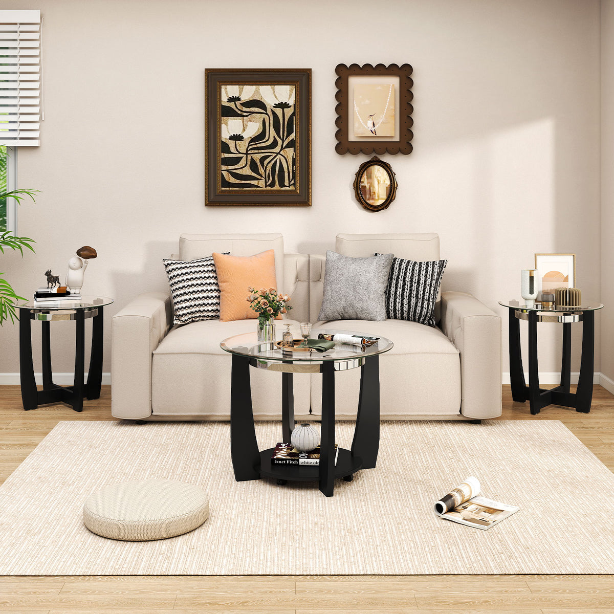 Tempered Glass Coffee Table Set of 3 for Living Room Bedroom-Black-Coffee Tables-DECOROLALA