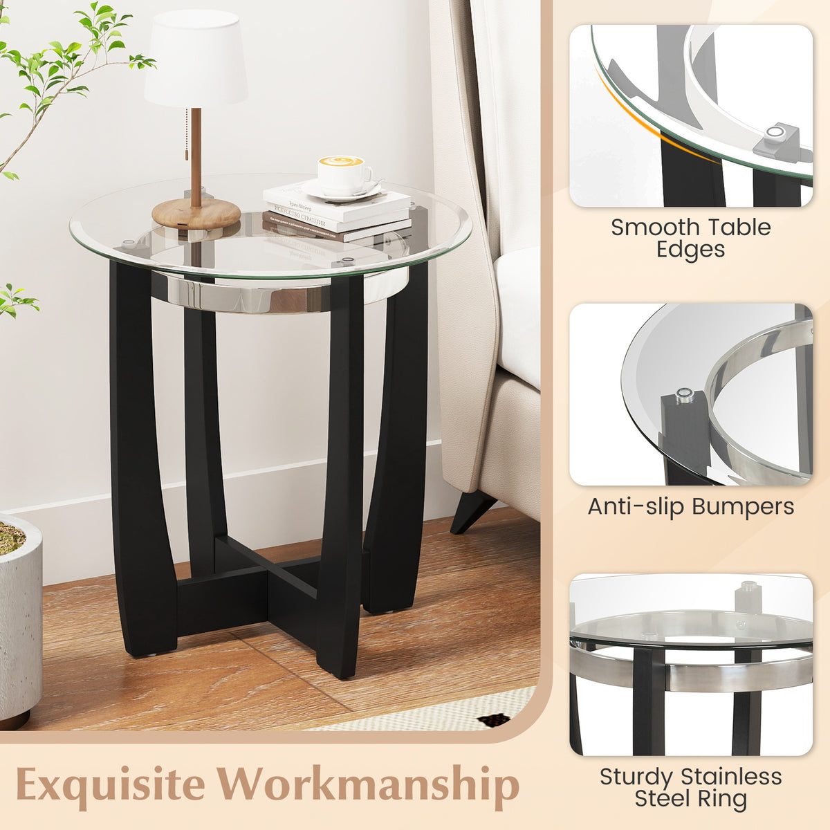 Tempered Glass Coffee Table Set of 3 for Living Room Bedroom-Black-Coffee Tables-DECOROLALA