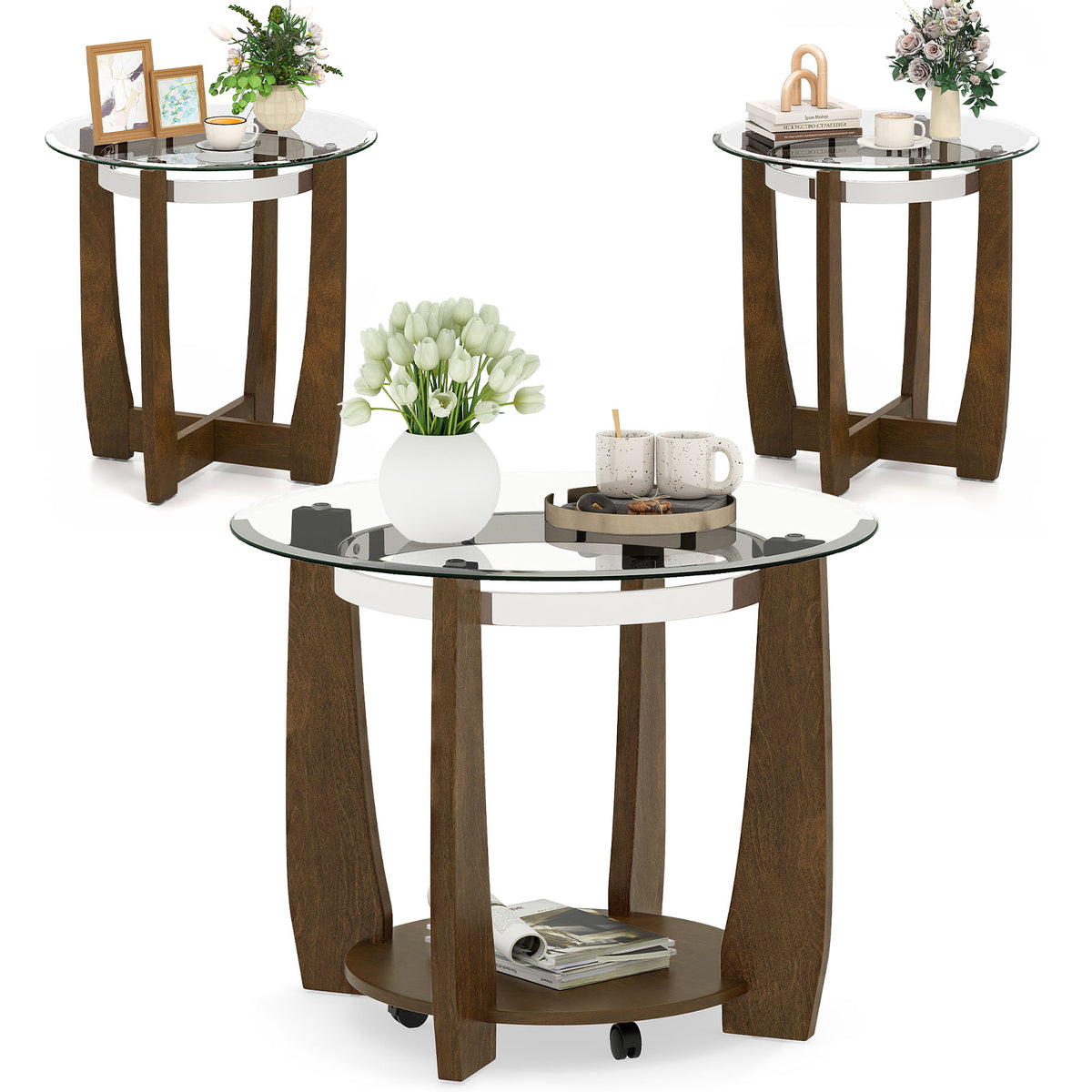 Tempered Glass Coffee Table Set of 3 for Living Room Bedroom-Walnut-Coffee Tables-DECOROLALA