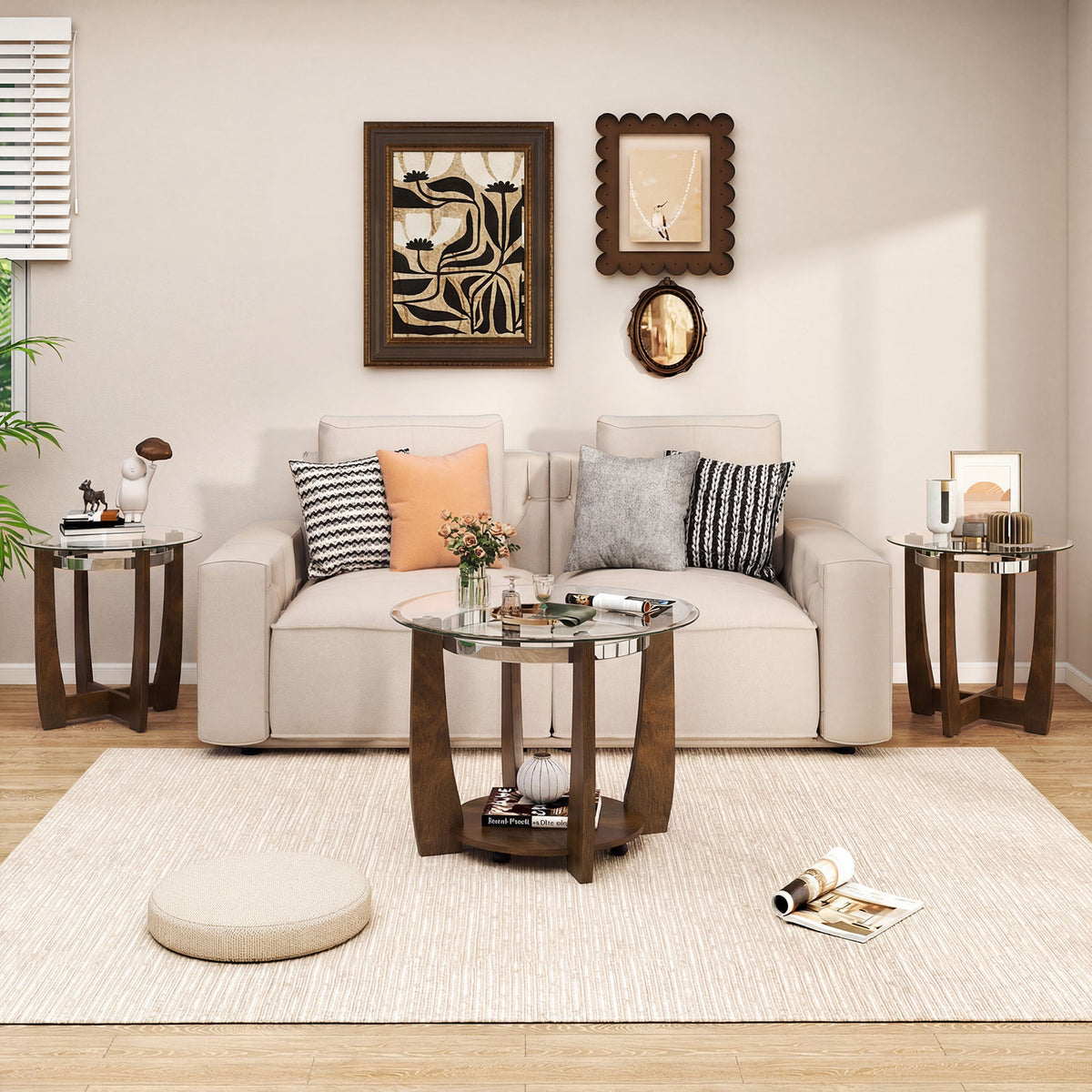 Tempered Glass Coffee Table Set of 3 for Living Room Bedroom-Walnut-Coffee Tables-DECOROLALA