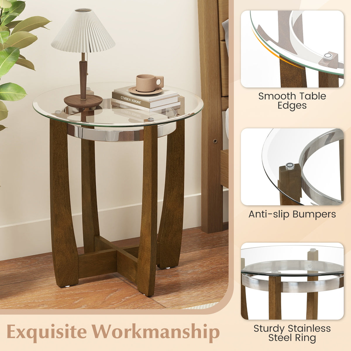 Tempered Glass Coffee Table Set of 3 for Living Room Bedroom-Walnut-Coffee Tables-DECOROLALA