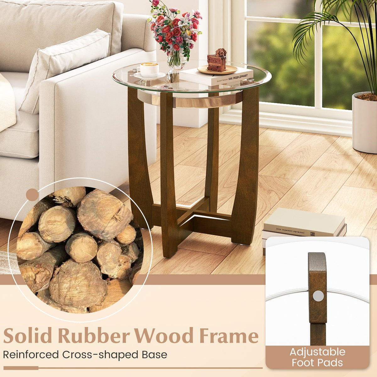 Tempered Glass Coffee Table Set of 3 for Living Room Bedroom-Walnut-Coffee Tables-DECOROLALA