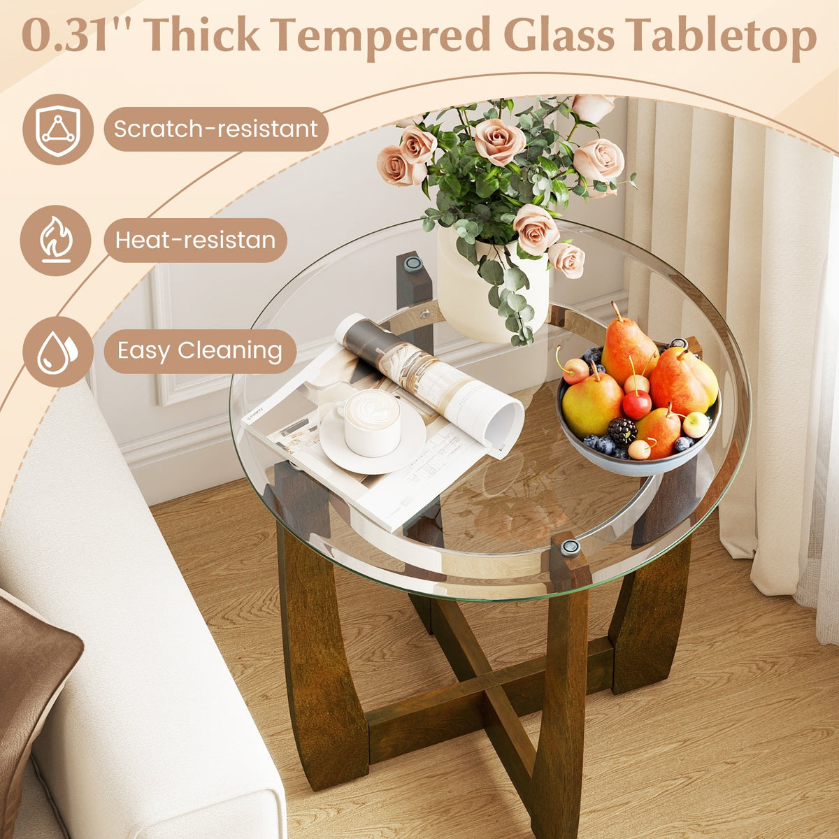 Tempered Glass Coffee Table Set of 3 for Living Room Bedroom-Walnut-Coffee Tables-DECOROLALA