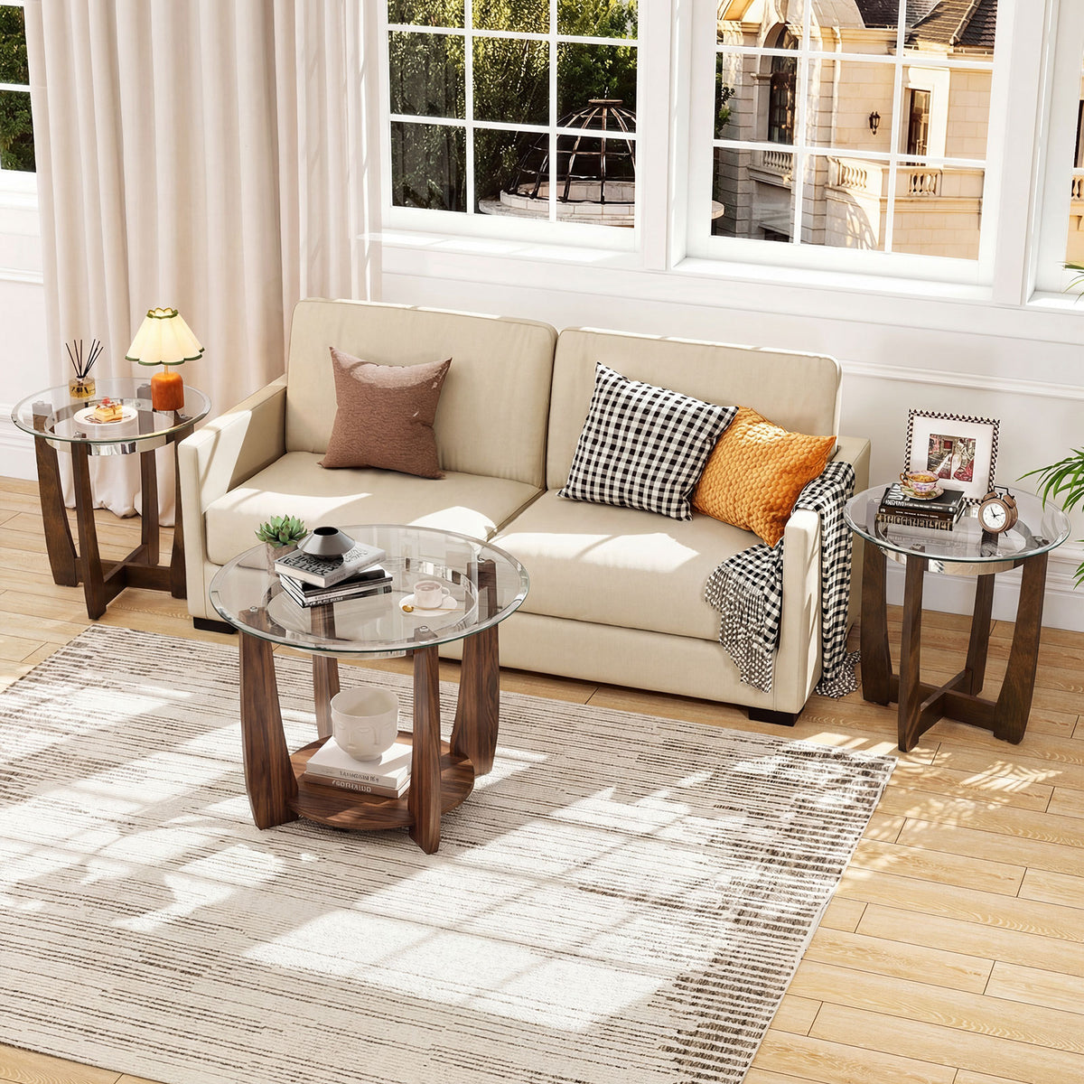 Tempered Glass Coffee Table Set of 3 for Living Room Bedroom-Walnut-Coffee Tables-DECOROLALA