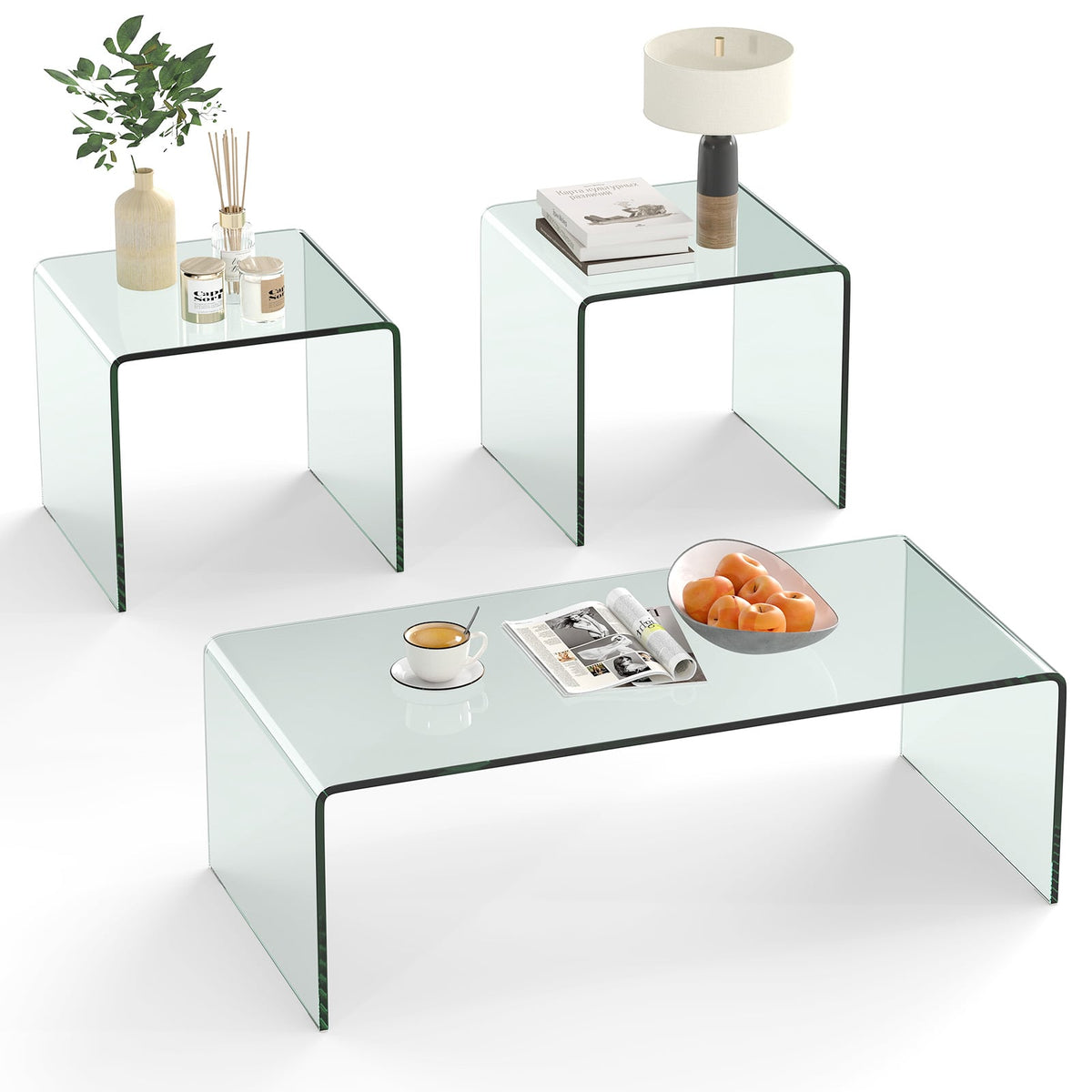 Tempered Glass Coffee Table Set of 3 with 1 Clear Coffee Table and 2 End Tables-Coffee Tables-DECOROLALA
