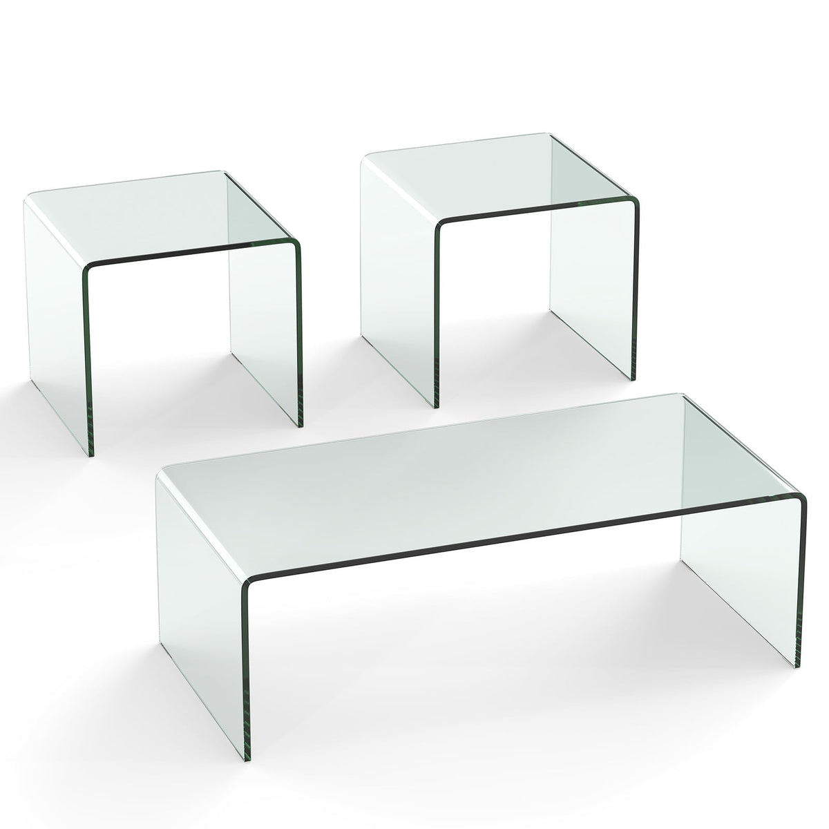 Tempered Glass Coffee Table Set of 3 with 1 Clear Coffee Table and 2 End Tables-Coffee Tables-DECOROLALA