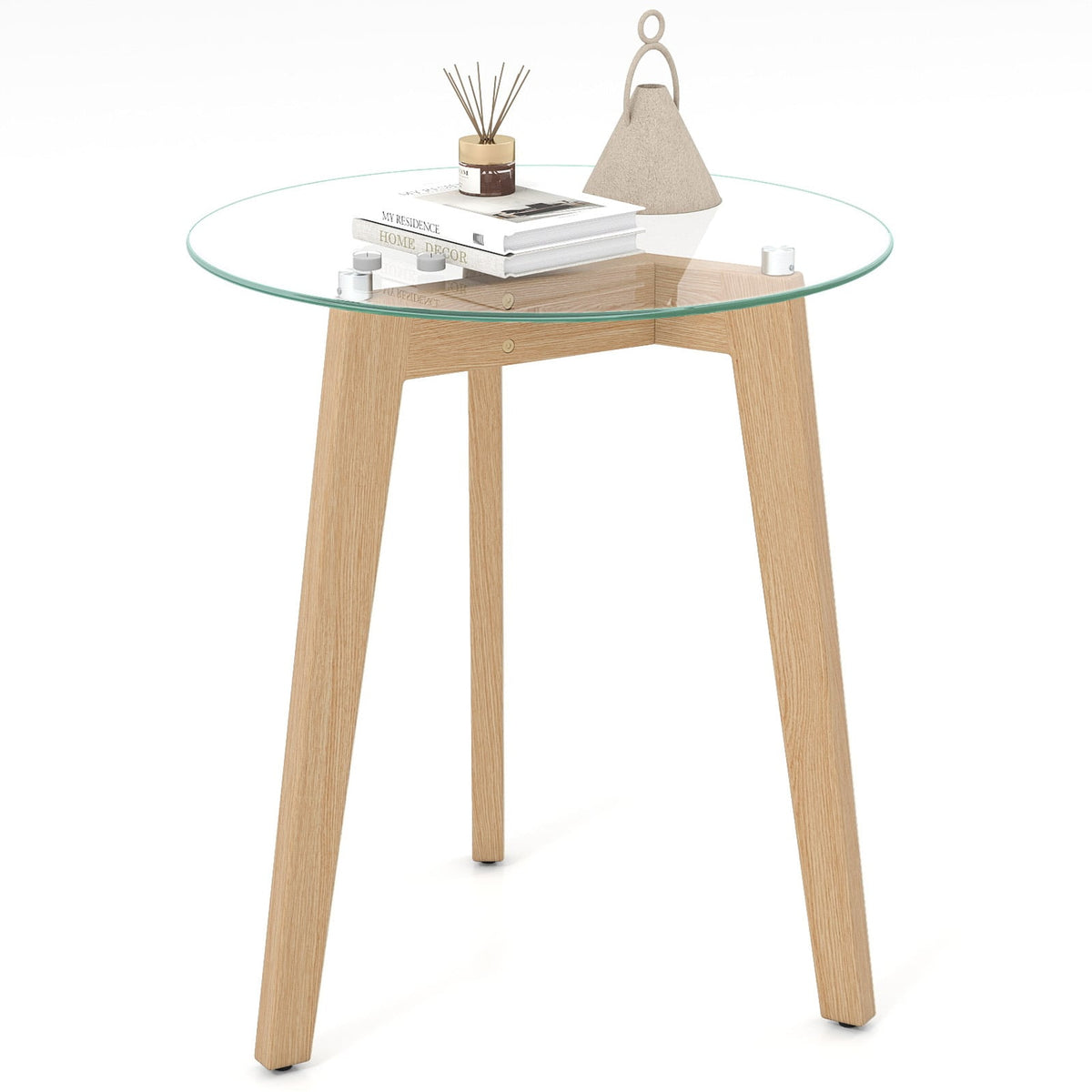 Tempered Glass End Table Round with Solid Rubber Wood Structure-1 Piece-End & Side Tables-DECOROLALA