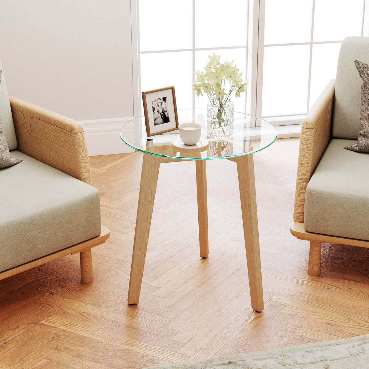 Tempered Glass End Table Round with Solid Rubber Wood Structure-1 Piece-End & Side Tables-DECOROLALA