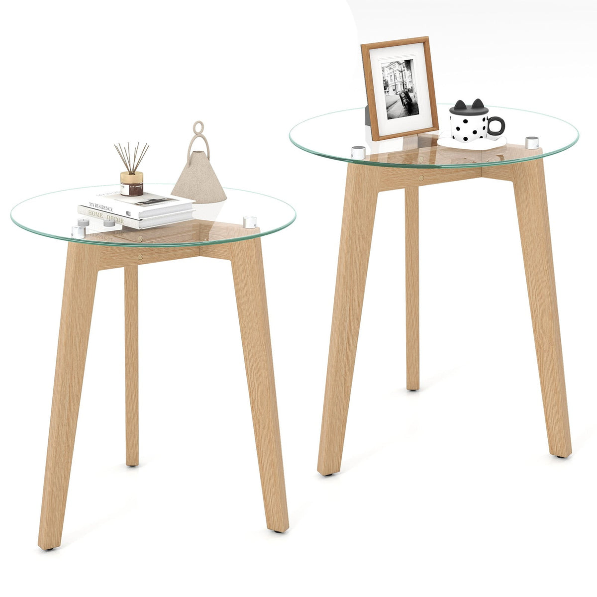 Tempered Glass End Table Round with Solid Rubber Wood Structure-Set of 2-End & Side Tables-DECOROLALA