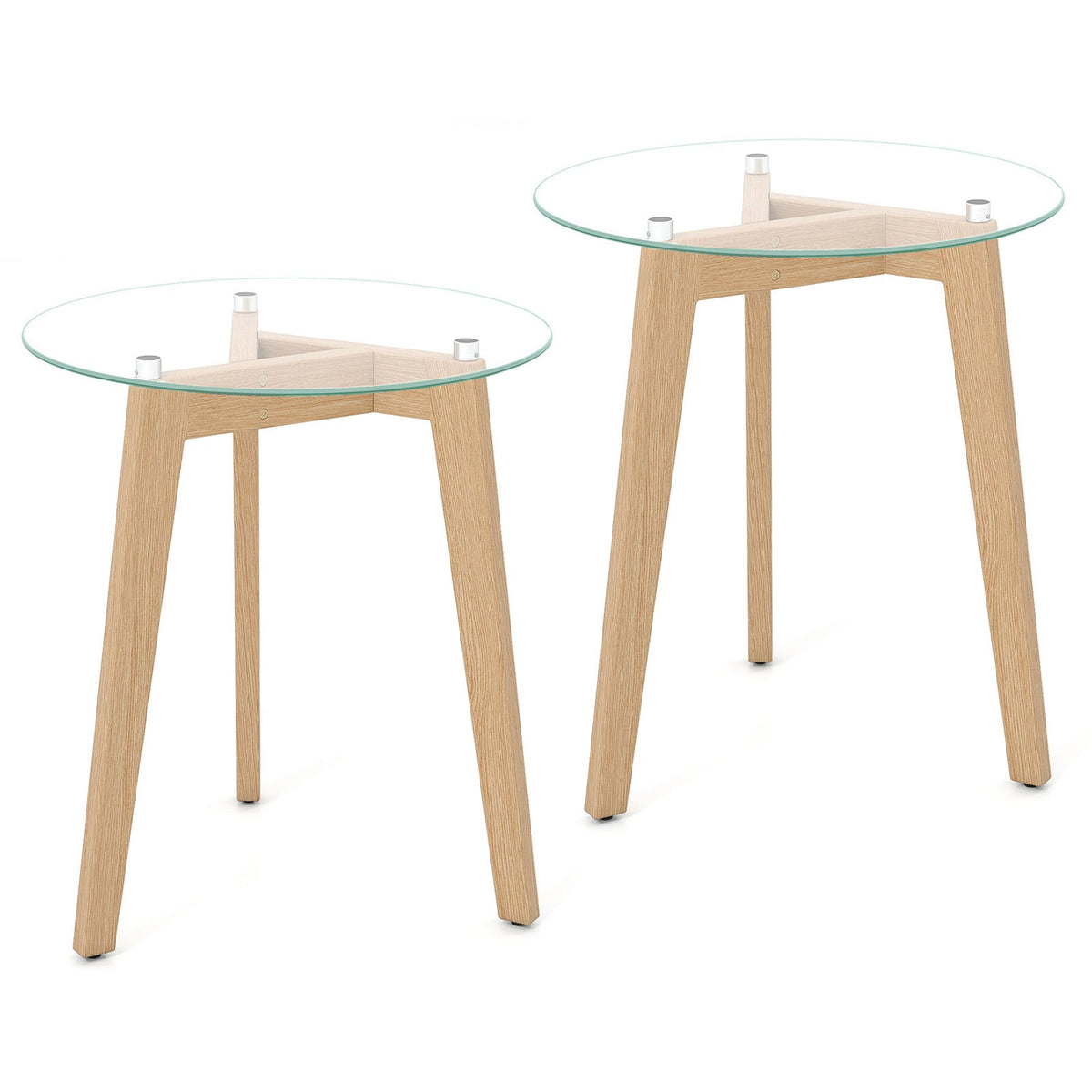 Tempered Glass End Table Round with Solid Rubber Wood Structure-Set of 2-End & Side Tables-DECOROLALA