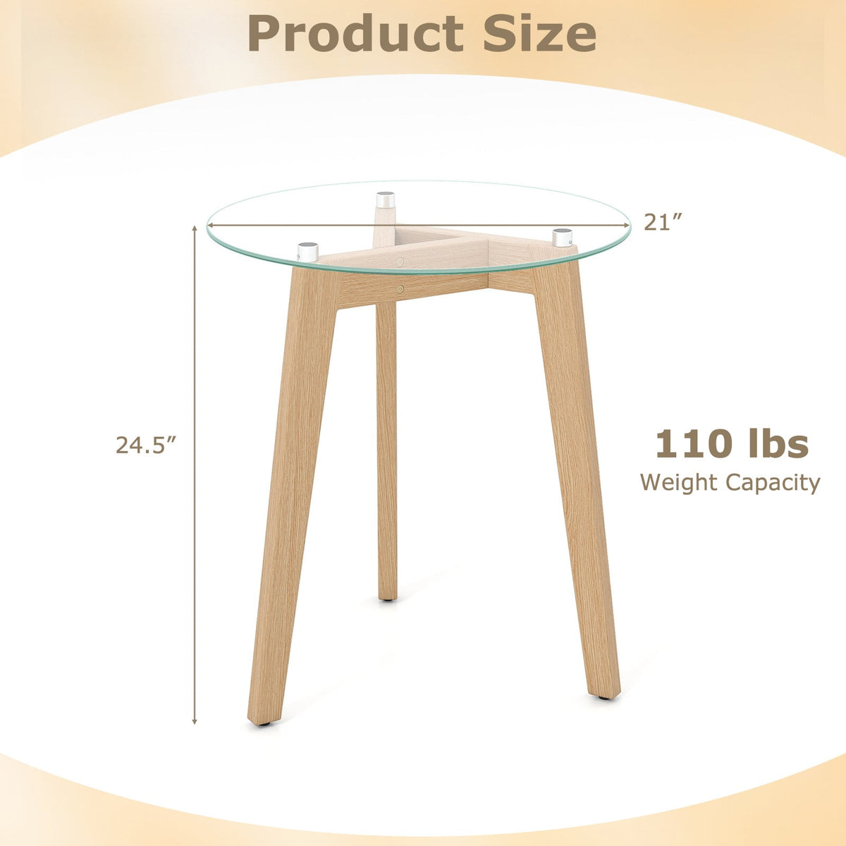 Tempered Glass End Table Round with Solid Rubber Wood Structure-Set of 2-End & Side Tables-DECOROLALA