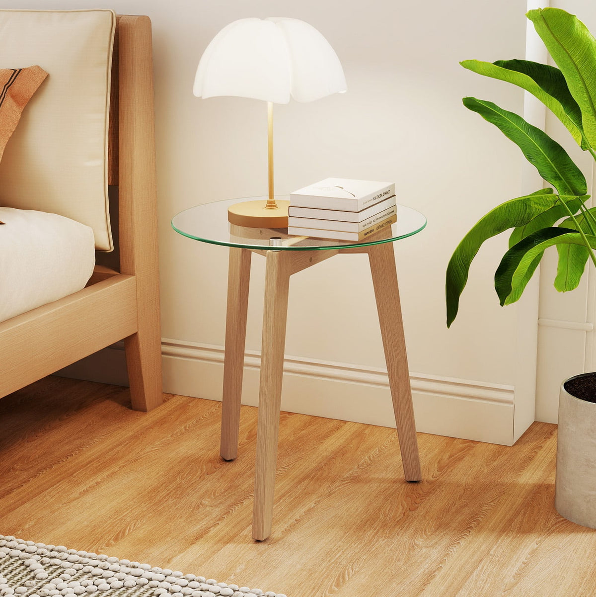 Tempered Glass End Table Round with Solid Rubber Wood Structure-Set of 2-End & Side Tables-DECOROLALA