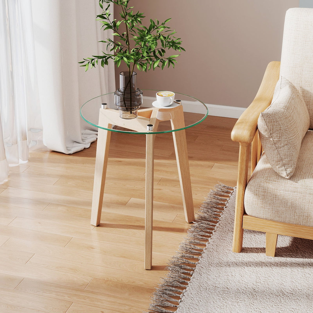 Tempered Glass End Table Round with Solid Rubber Wood Structure-Set of 2-End & Side Tables-DECOROLALA