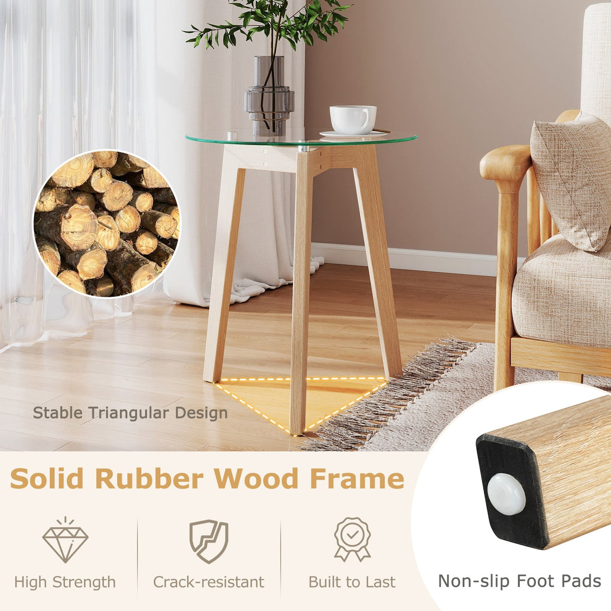 Tempered Glass End Table Round with Solid Rubber Wood Structure-Set of 2-End & Side Tables-DECOROLALA