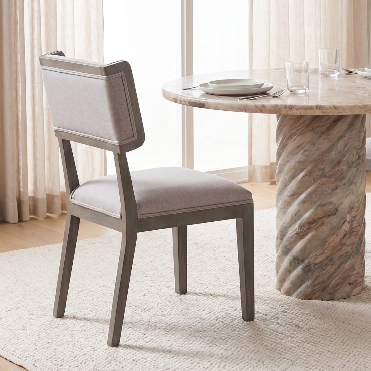 Tenton Open Back Dining Side Chair | Grey Fabric w/ Brown Wood-Dining Chairs-DECOROLALA
