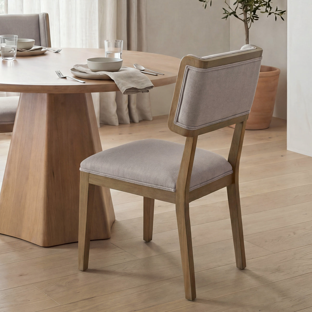 Tenton Open Back Dining Side Chair - Grey Fabric/Brown Wood-Dining Chairs-DECOROLALA